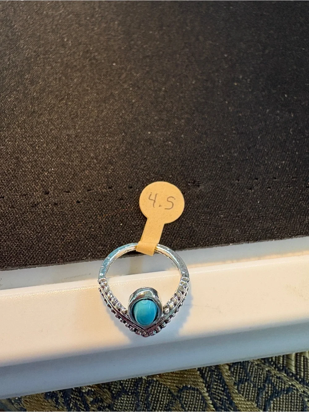 Silver Tone Ring with Turquoise Oval Stone - Size 4.5